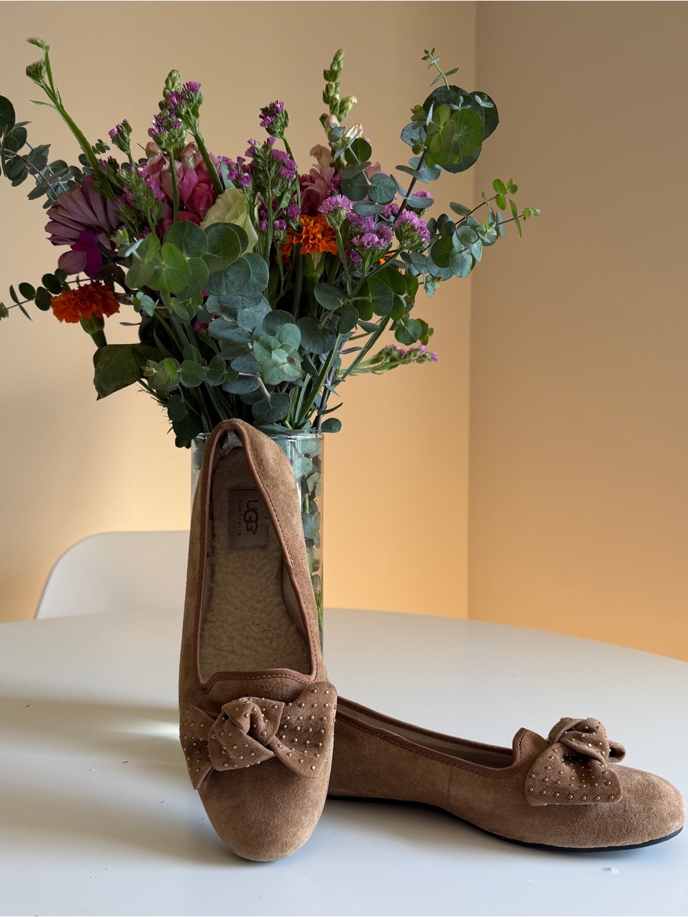UGG Women's Tan Suede Bow Flats